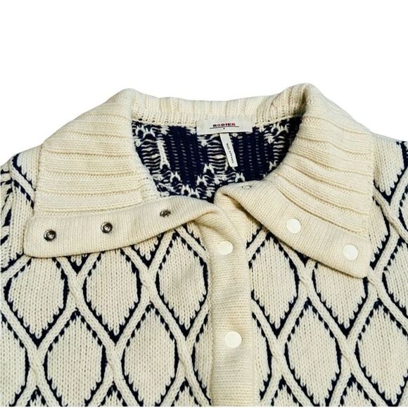 Rodier France Wool Cardigan Ivory Navy Diamond Pattern Sweater Collar Vintage L - Picture 2 of 12